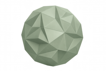 Green low poly geometric sphere spinning slowly, showcasing contemporary digital design against transparent backdrop