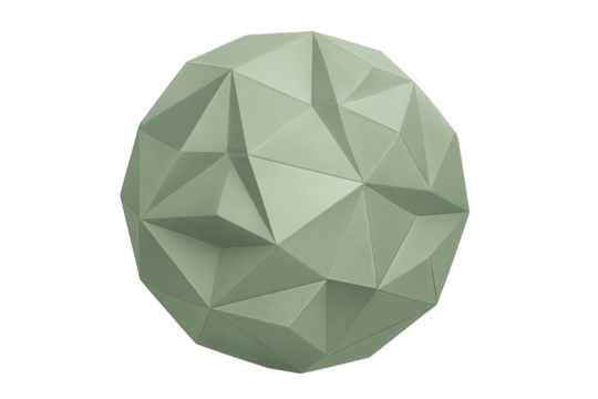 Green low poly geometric sphere spinning slowly, showcasing contemporary digital design against transparent backdrop