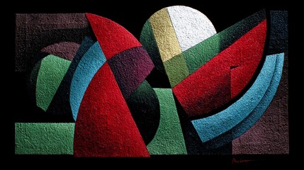 Colorful Abstract Geometric Painting with Bold Shapes and Vibrant Colors on Black Background
