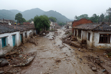 Devastated village street transformed into raging muddy river after severe flooding, showcasing destruction and chaos
