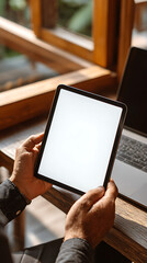 Man holding a tablet with blank screen next to a laptop on a wooden table near a window white screen