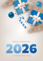 Festive New Year greeting card with 3d 2026 blue numbers text and realistic wrapped gifts, confetti, candy canes and beige pine branches on white background. Merry Christmas holidays vertical banner