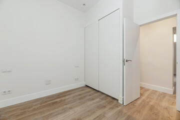 Unfurnished guest bedroom with white wooden wardrobes with natural grain visible under a layer of...
