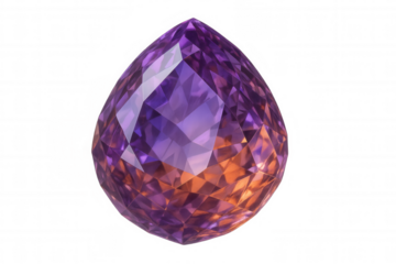 Polished amethyst crystal reflecting purple and orange tones against clear glass surface