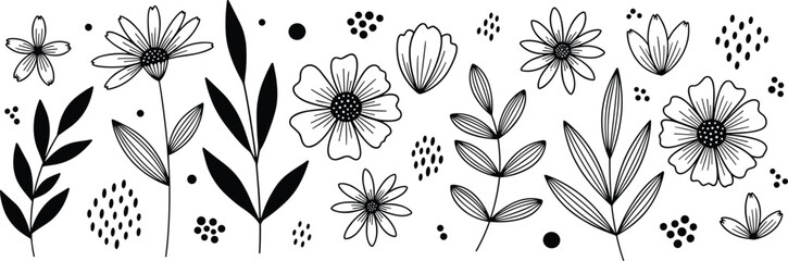 Hand-drawn floral and leaf doodle vector elements for modern decorative design, botanical illustration, minimal nature graphics, and art projects.