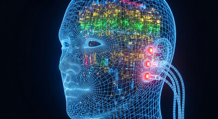 An abstract, futuristic representation of artificial intelligence and digital technology. The image features a glowing blue wireframe head with an intricate network of colorful circuits