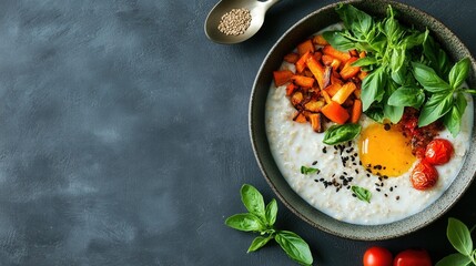 Healthy oatmeal bowl with vegetables poached egg and fresh herbs on dark background.