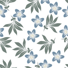 Obraz premium Seamless floral pattern, liberty ditsy print with cute large botany in retro folk style. Beautiful botanical design of hand drawn wild plants: flowers, leaves on black background. Vector illustration