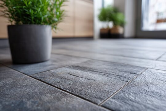 Modern gray tile floor with potted plants in sunlit room.