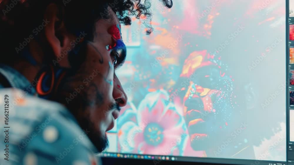 Poster a person examining a photograph on a computer monitor
