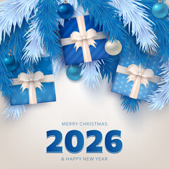 Happy New Year 2026 square greeting card. Christmas banner with 3D text and realistic gift boxes, icy fir branches, confetti on snowy white background. Festive holiday vector placard