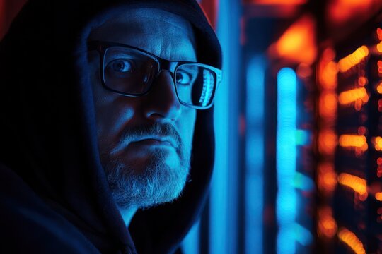 Cybersecurity expert in dark neon server room