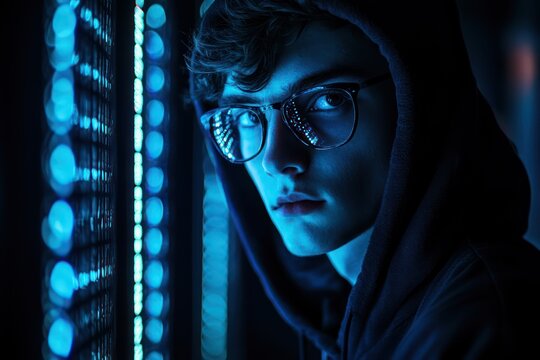 Cybersecurity expert in dark neon server room