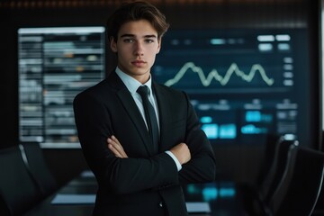 Finance analyst in corporate boardroom with charts