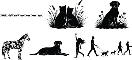 Silhouette Vector Collection of Dogs, Cats, Horse, Ants, and People Walking Pets in Nature for Artistic and Design Use