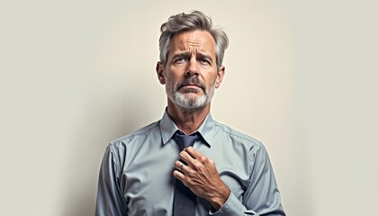 Middle-aged male job candidate nervously adjusting crooked tie on muted gray tones backdrop