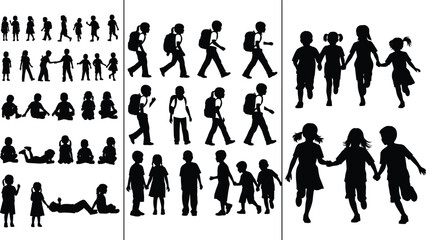 Silhouettes of Children Walking, Sitting, Holding Hands, and Playing – Vector Kids Activities and Friendship Concepts for Education