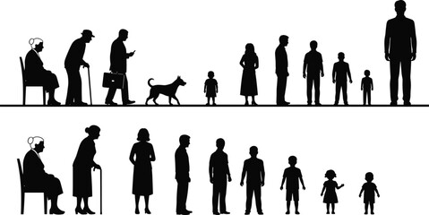 Silhouettes of Diverse People Aging from Child to Elderly, Including Dog, Showing Life Stages, Growth, and Family Concept Vector