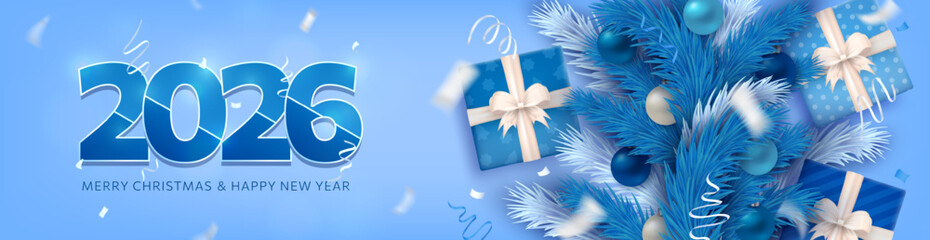 Happy New Year 2026 panoramic snowy banner. Blue 2026 numbers on cyan background with 3d realistic gift boxes, pine branches, ornaments, and falling confetti. Festive holiday header for celebration.