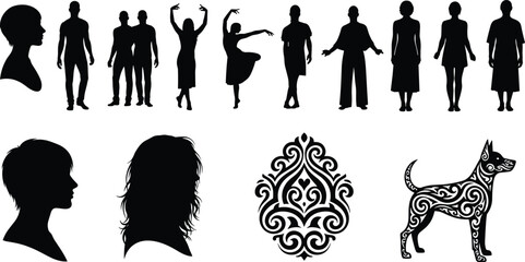 Silhouettes of People, Profiles, Dancers, and Tribal Art Dog – Vector Illustration for Design, Tattoo, Fashion, and Decorative Uses