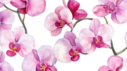 Seamless pattern orchid watercolor floral painting on white background