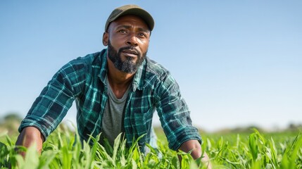 Fototapeta premium A man tending to crops in a lush green field under a clear blue sky. The scene conveys hard work and dedication in agriculture.