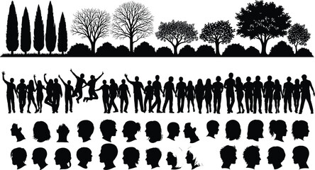 Silhouettes of People, Tree Lines, and Human Head Profiles for Nature, Community, Friendship, and Character Design Vector Illustration Concepts