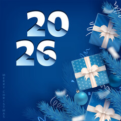 2026 New Year square greeting card with realistic icy pine branches, Christmas gifts, baubles, candy cane, festive decoration and 3d numbers on blue background. Traditional banner for winter holiday