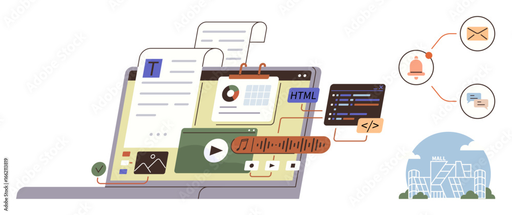 Poster laptop with web content creation elements including text editor, html code, and design tools, linked