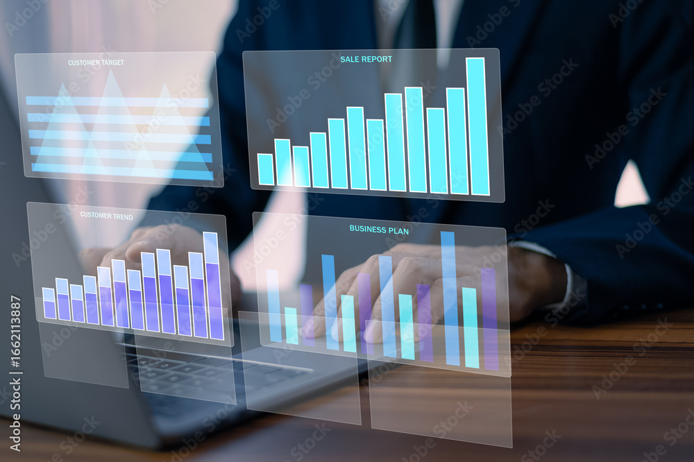 Poster data analytics concept, data annotation, data analysis, businessman use laptop analyzing data to imp