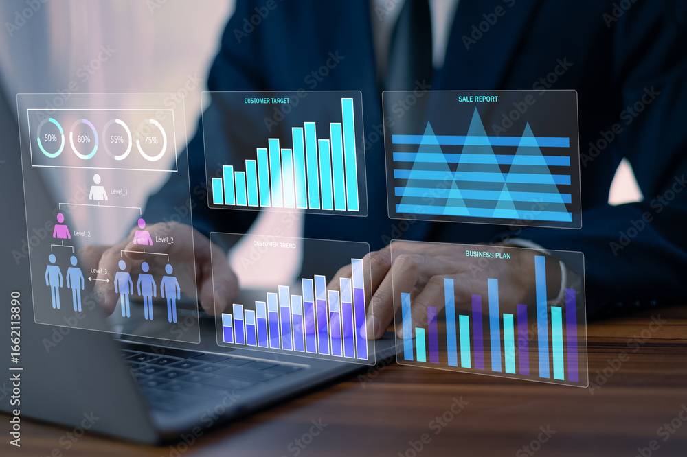 Poster data analytics concept, data annotation, data analysis, businessman use laptop analyzing data to des