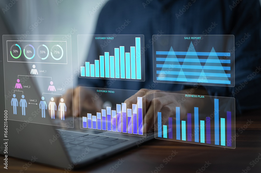 Poster data analytics concept, data annotation, data analysis, businessman use laptop analyzing data to eva