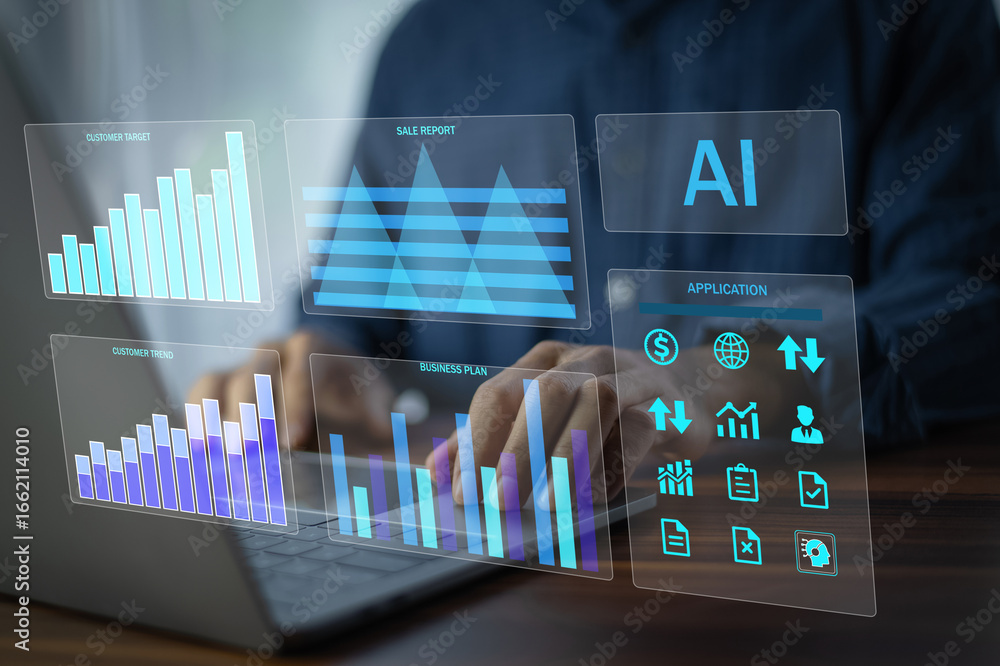 Poster data analytics concept, data annotation, data analysis, businessman use laptop analyzing data for cu