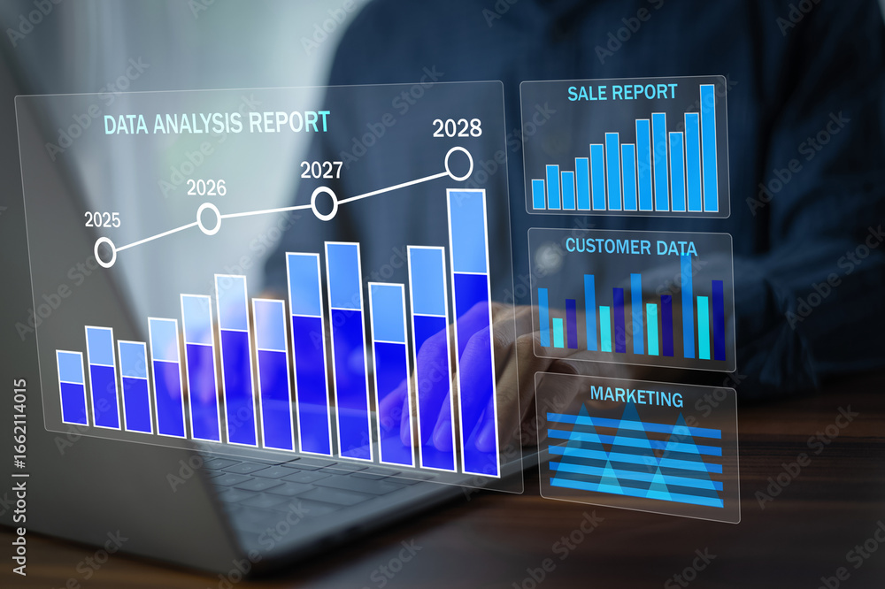 Poster data analytics concept, data annotation, data analysis, businessman use laptop analyzing data to tra