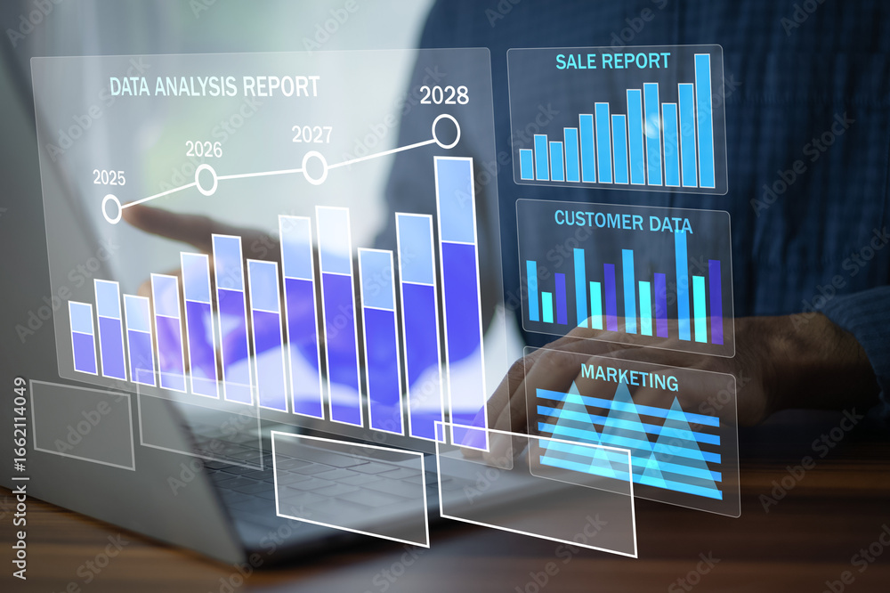 Poster data analytics concept, data annotation, data analysis, businessman use laptop analyzing data to enh