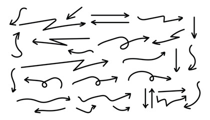 Collection of hand drawn sketch arrows in various styles and directions