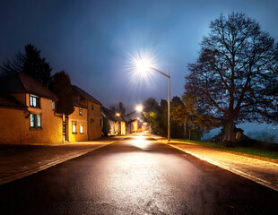 Fototapeta premium A Quiet Village Street at Night with Modern Streetlights and Rustic Houses