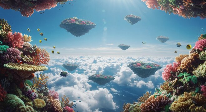 Surreal dreamscape of a vibrant coral reef floating like islands in a sunlit sky above a sea of clouds