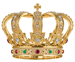 Golden jeweled crown, isolated, black background, royalty, luxury design