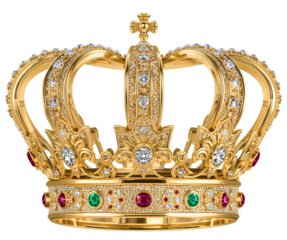 Golden jeweled crown, isolated, black background, royalty, luxury design