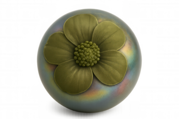Green flower blossoming on iridescent sphere, presenting luminous detail against translucent ethereal backdrop