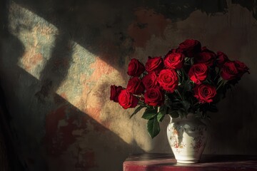 Elderly couple embracing with roses in romantic moment