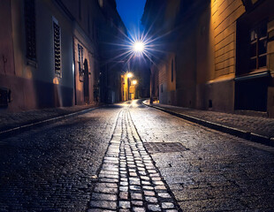 Fototapeta premium A Quiet, Wet Cobblestone Alley at Night in a Historic European City