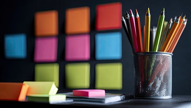 Colorful pencils and sticky notes on a dark surface - Powered by Adobe