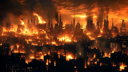 Fototapeta premium Apocalyptic Cityscape Engulfed in Flames and Smoke Depicting Destruction and Chaos in Urban Area