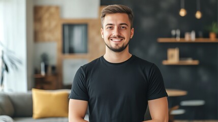 Smile man look at camera in black T shirt cheerful pose chest visible advertising mockup background modern building
