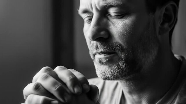 Man in deep thought black and white portrait expressing worry and contemplation emotional distress and anxiety