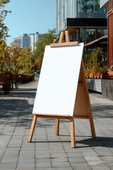 Empty white signboard on wooden easel outdoors