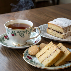 A cozy cup of tea placed on a wooden table.