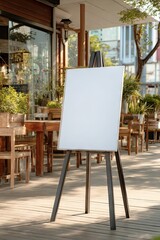 Blank menu board on easel in outdoor cafe setting